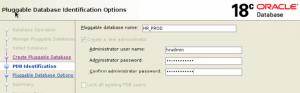 图4.DBCA屏幕用于输入PDB名称和管理员登陆凭证